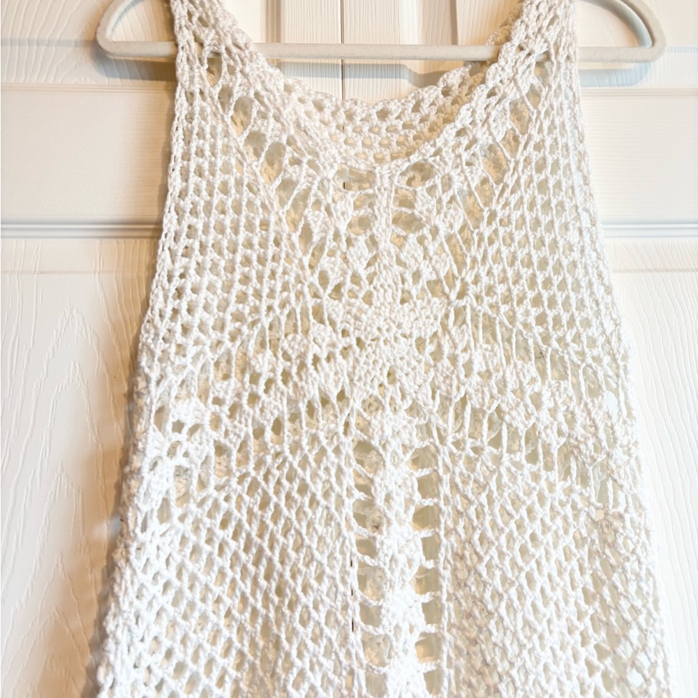BOHO Cool White Intricate Crochet Knit Fringe Hem Festival Beach Summer Cover Up - Picture 2 of 7